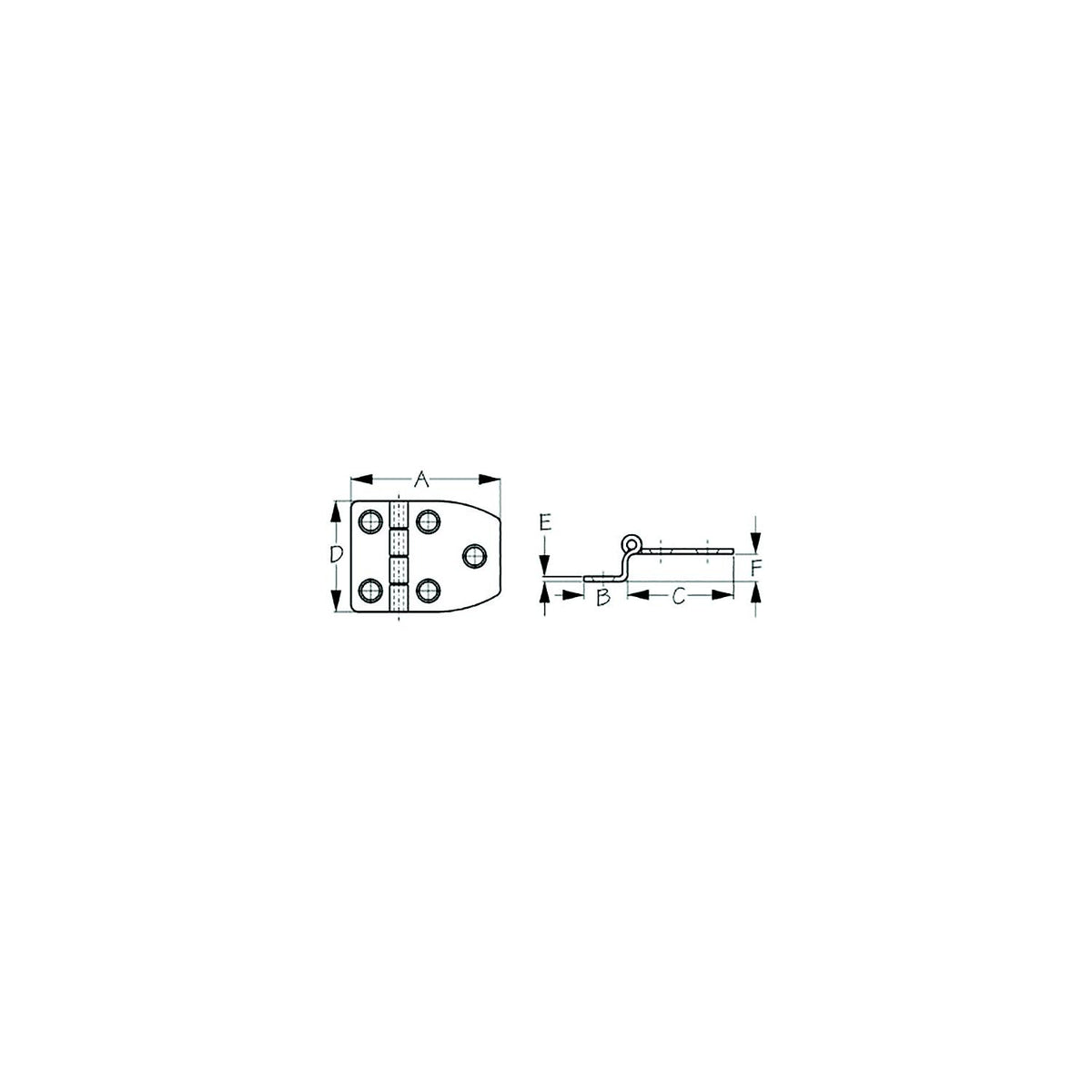 Sea-Dog 2035121 Dampening Offset Short Side Door Hinge #8 FH Weight .10/ .20 A=2-18", B=5/8", C=1-3/8", D=1-1/2", E= 1/16", F=3/8" -Modern Boat Sales & Service