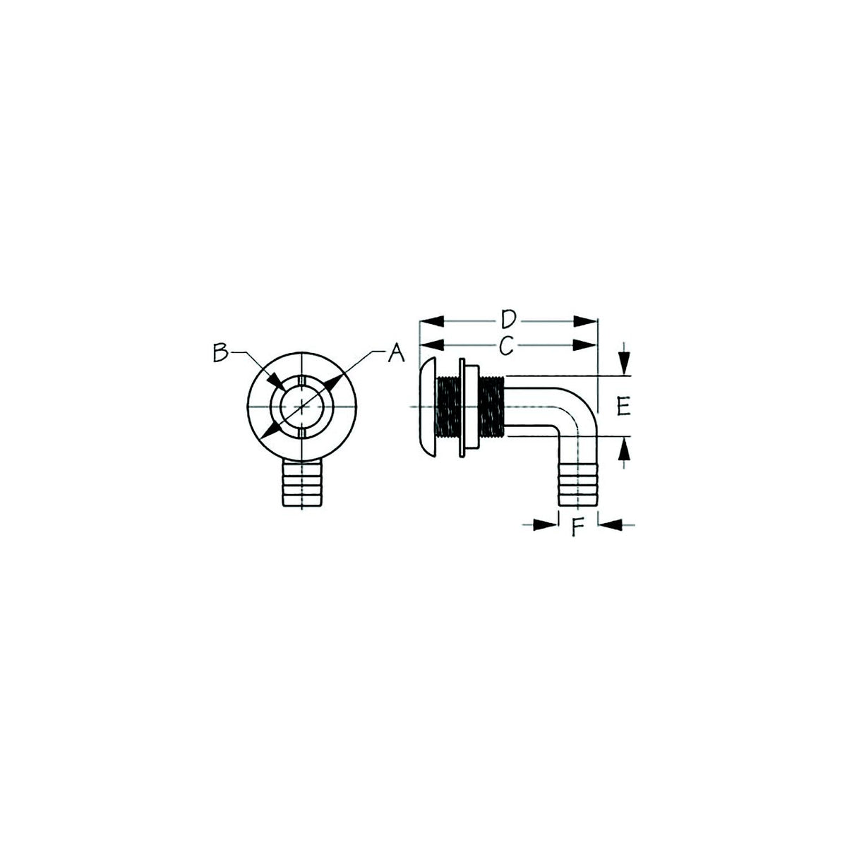 Sea-Dog 520832 90A Thru-Hull With Stainless Cap, A: 1-7/8", B: 7/8", C: 1-13/16", D: 3-3/4", E: 1-15/16", F:1" , Stainless -Modern Boat Sales & Service