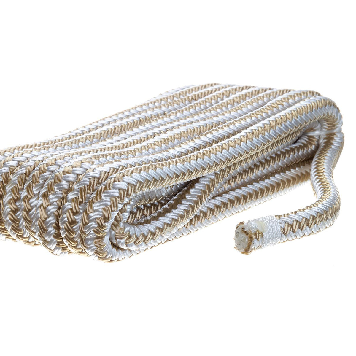 Seachoice Double-Braid Nylon Dock Line w/ Eye Splice, Pre-Shrunk, Heat Stabilized, 3/8 In. X 15 Ft., Gold White -Modern Boat Sales & Service