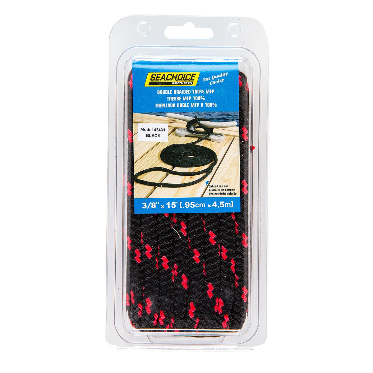 Seachoice 42431 High Quality Dock Rope for Boating - Double-Braid MFP Dock Line, ⅜-Inch x 15 Feet, Black/Red -Modern Boat Sales & Service