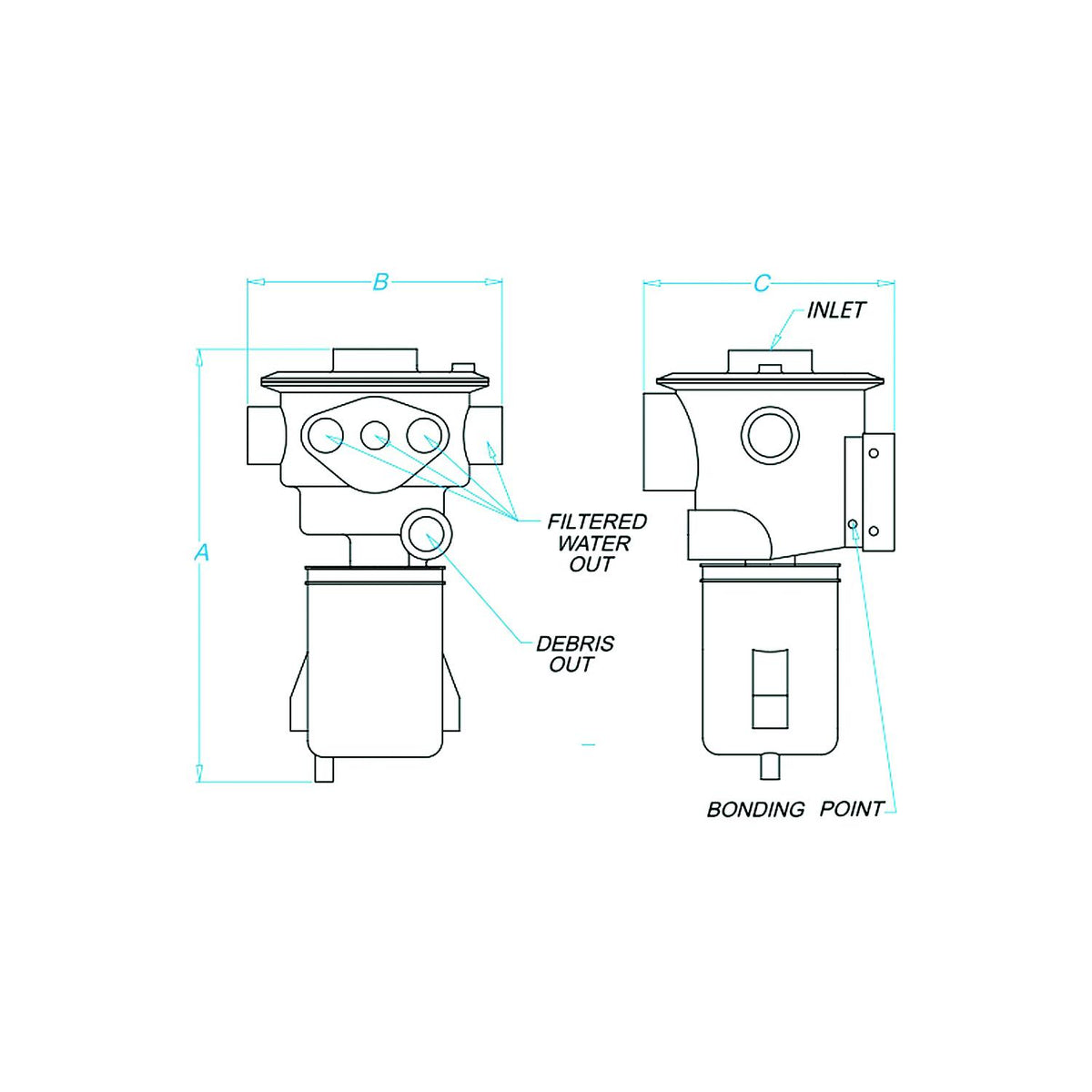 Groco 970150012 Hydromatic Self Cleaning Sea Chest and Strainer, Ports: 1/1/2" NPT A:13.2 ,B: 6.9 ,C:7.6, outlet: (1) 1/2". 2 3/4",(2) 1" Default Title -Modern Boat Sales & Service