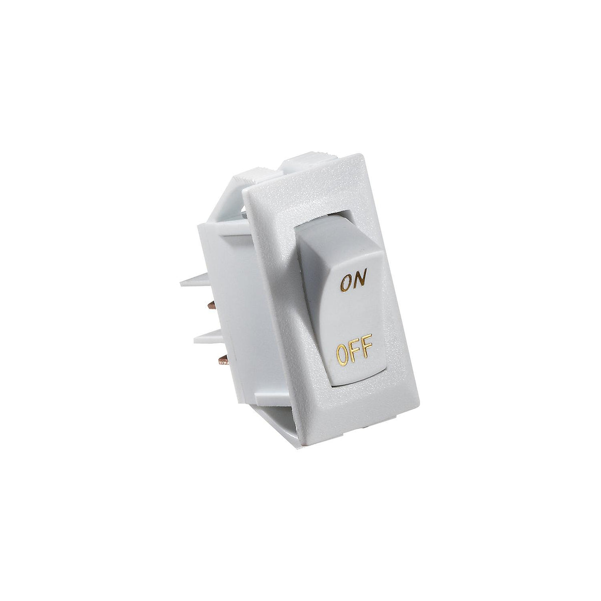 White Rocker Switch w/Gold text, 10 A, On/Off - SPST - Cut-Out .550" x 1.125" -Modern Boat Sales & Service