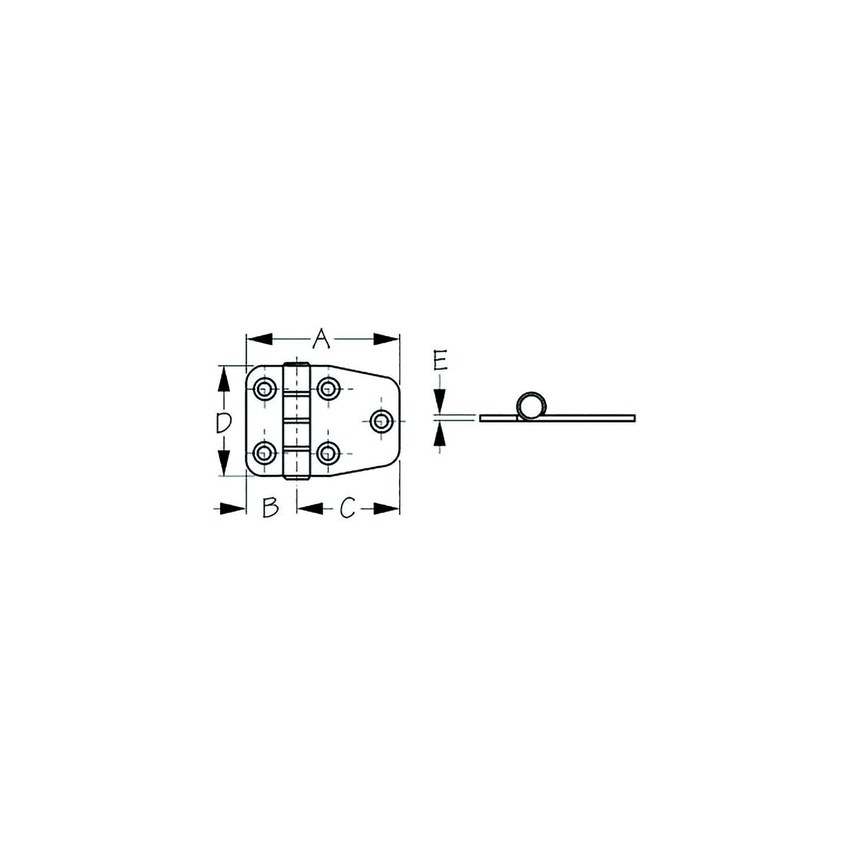 Sea-Dog 2035101 Dampening Short Side Door Hinge, #8 FH, Weight= .09/ .18 A= 2-1/8", B=11/16" C= 1-7/16", D= 1-1/2", E= 1/16" -Modern Boat Sales & Service