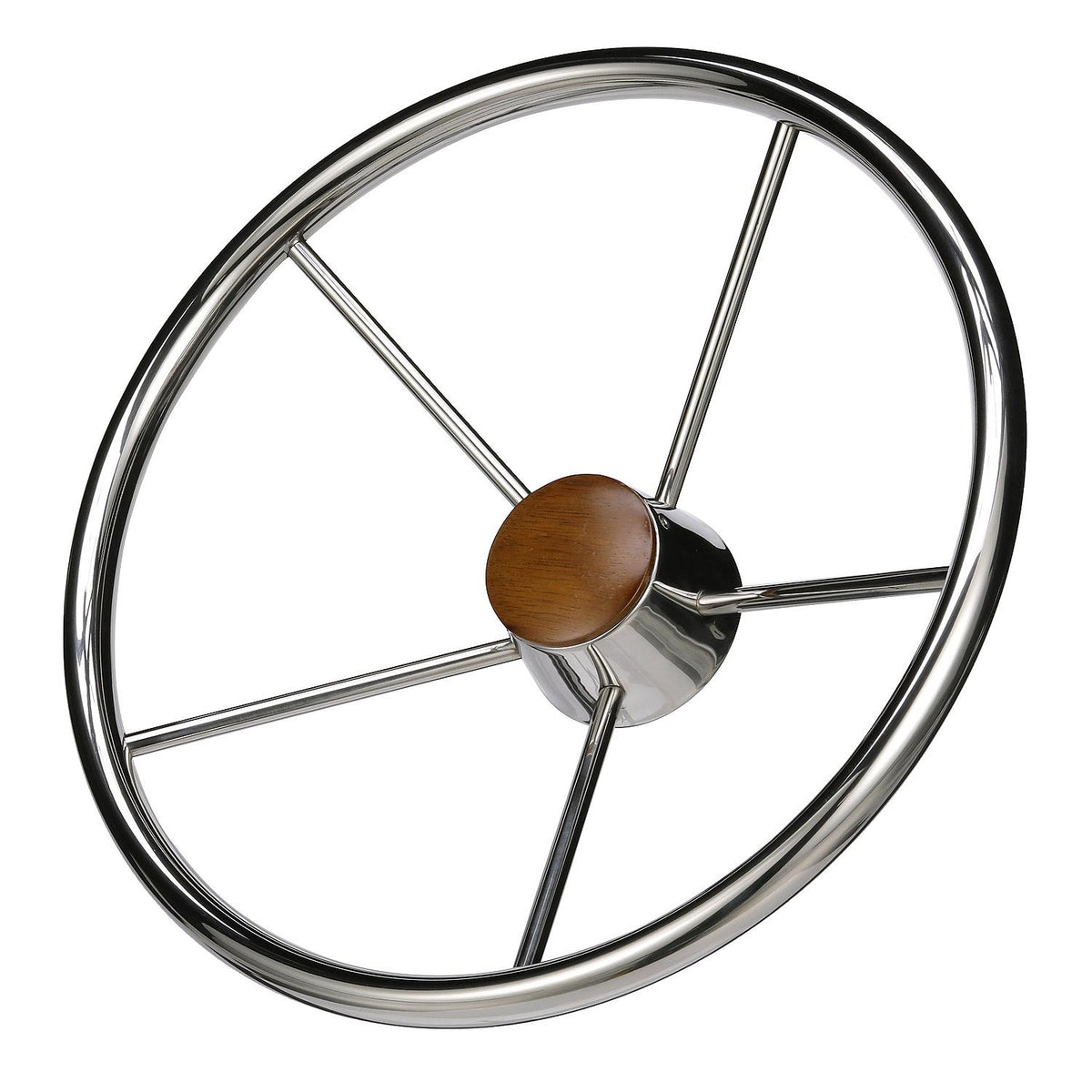 Seachoice 5-Spoke Destroyer Steering Wheel, Stainless Steel, Genuine Teak Center Cap -Modern Boat Sales & Service