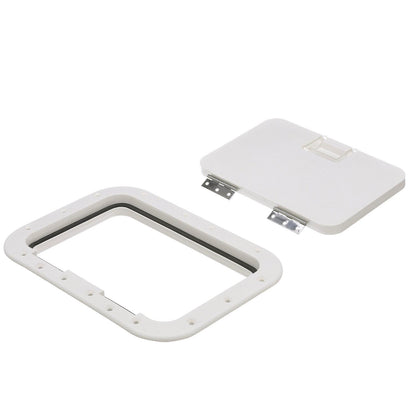 Seachoice White Hinged Hatch, 7 in. X 11 in. Inner Dimensions, Acetone Proof Polypropylene -Modern Boat Sales & Service