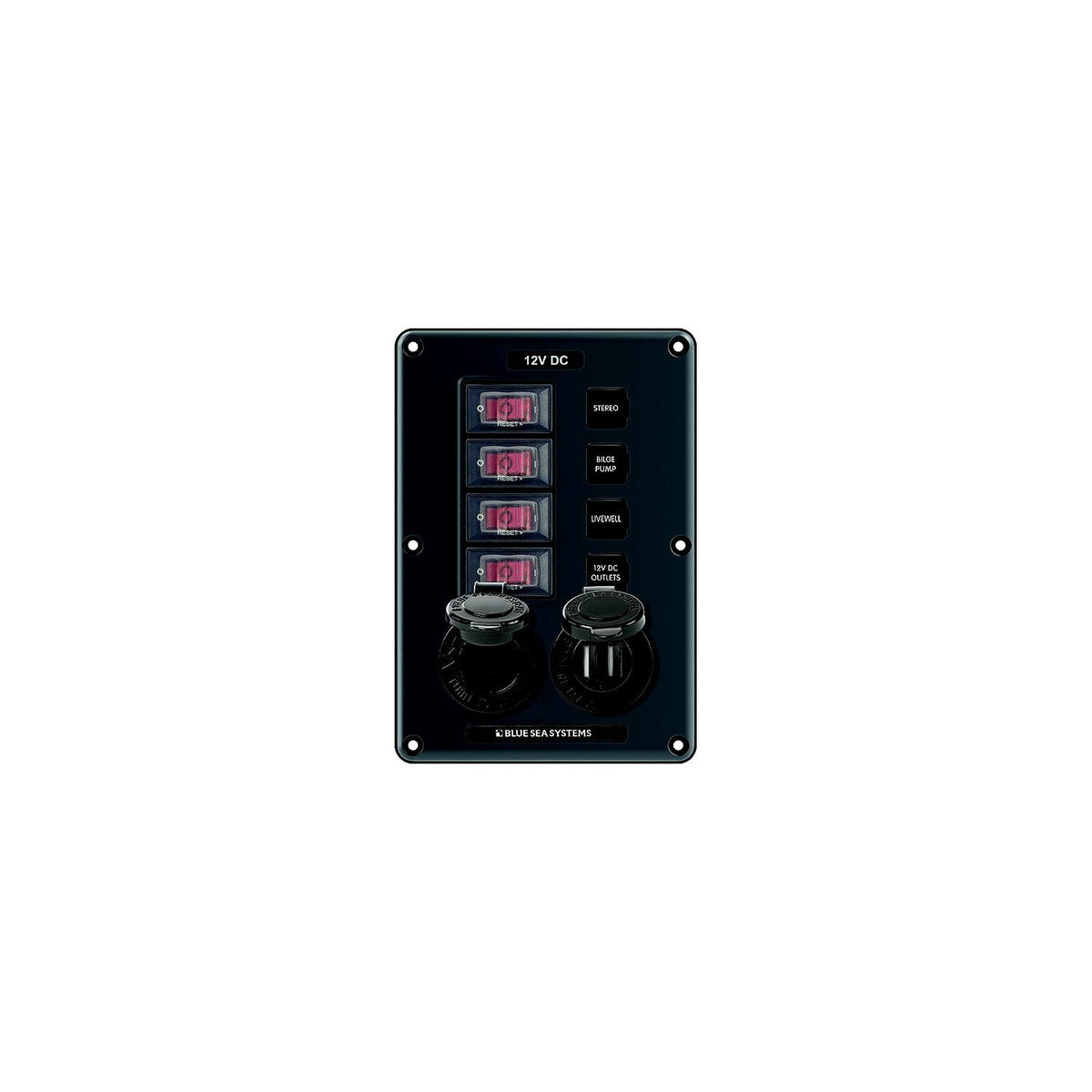 Blue Sea 4321 Water-Resistant Circuit Breaker Switch Panel, 4 Position w/12V Socket & Dual USB Charger -Modern Boat Sales & Service
