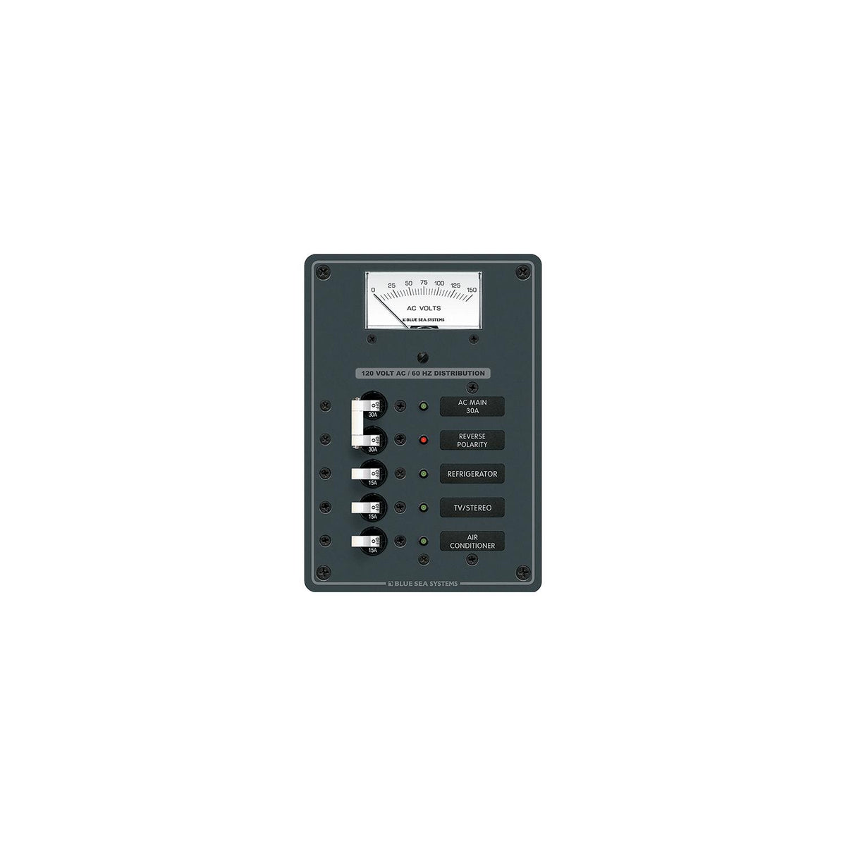Blue Sea Systems 8043 Traditional Metal Circuit Breaker Panel - AC Main + 3 Positions, AC Voltmeter -Modern Boat Sales & Service