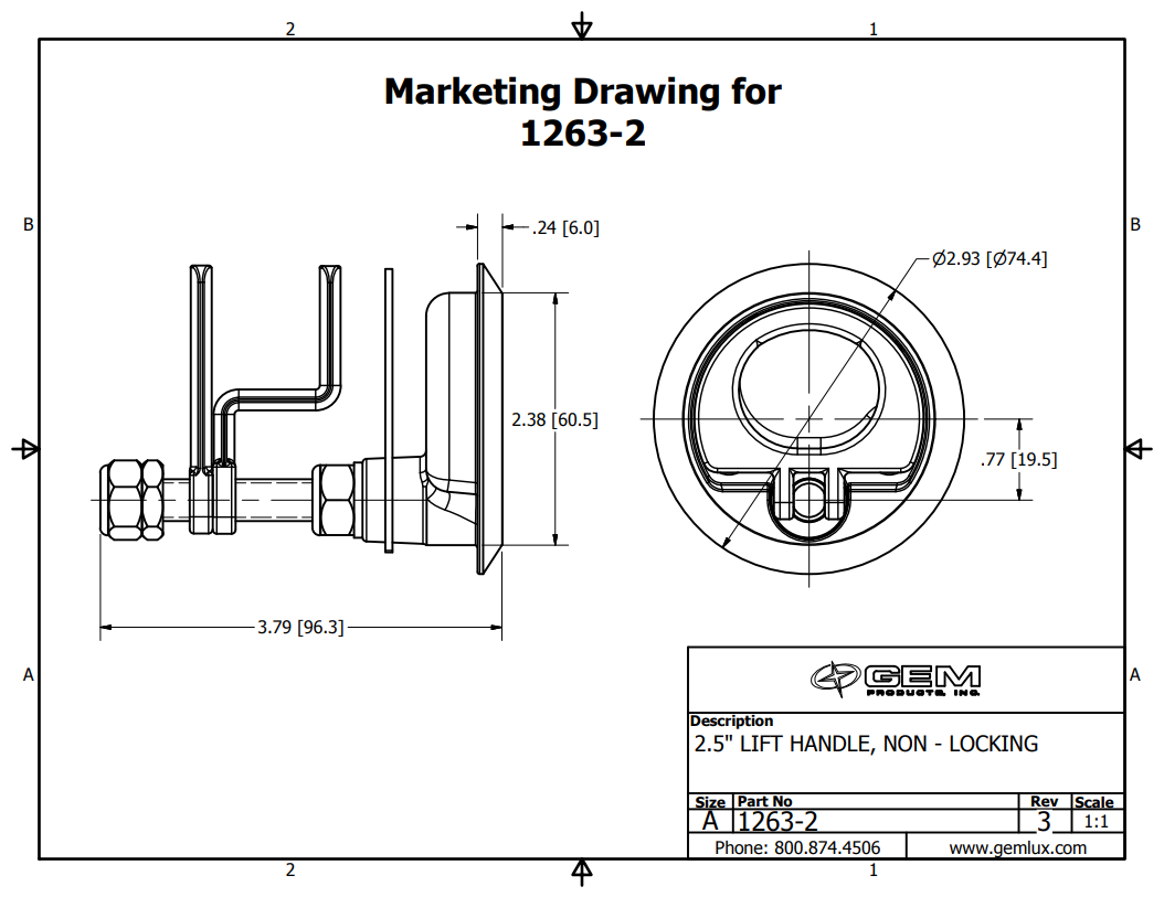 1263-2 "2.5" GEMLUX Lift Handle Non-Locking/I3