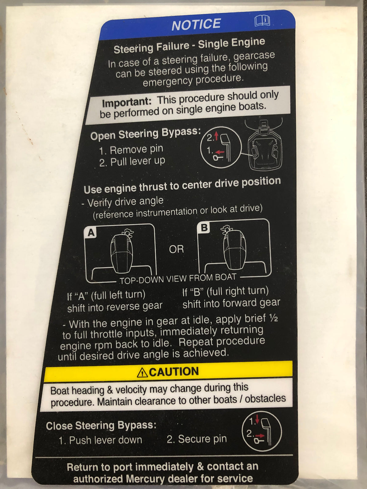 * 8M0185159 Mercury Marine DECAL STEER FAIL/Drawer #543 -Modern Boat Sales & Service