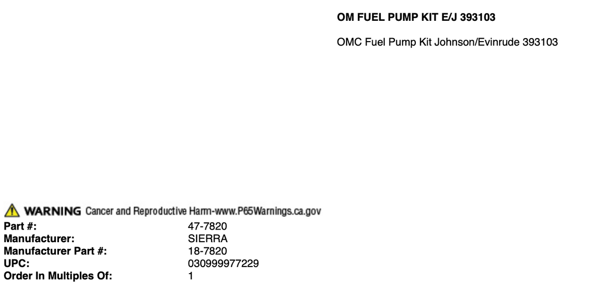 * 18-7820 SIERRA FUEL PUMP KIT / OMC 393103 /75D -Modern Boat Sales & Service